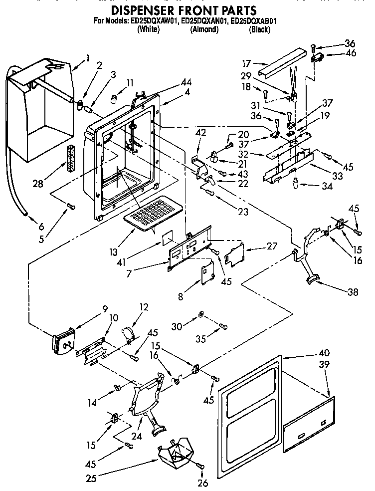 Whirlpool ED25DQXAW01 dispenser front diagram