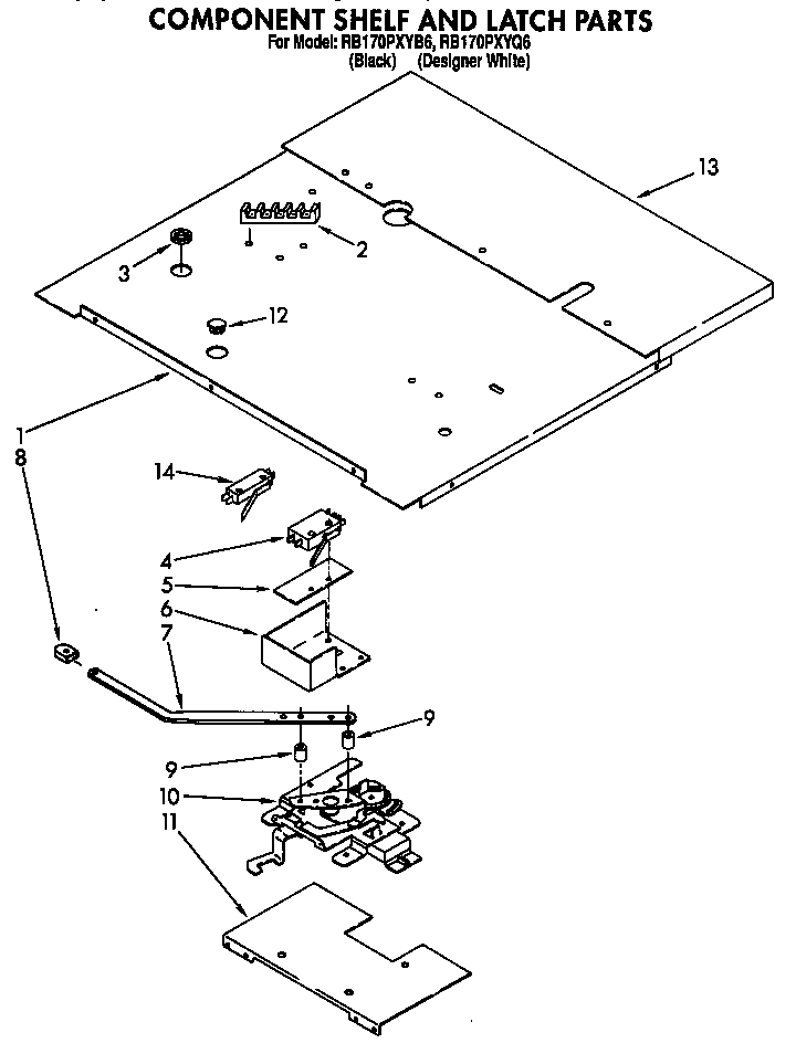 Whirlpool RB170PXYB6 component shelf and latch diagram