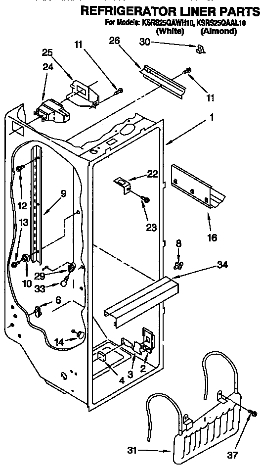 KitchenAid KSRS25QAWH10 refrigerator liner diagram