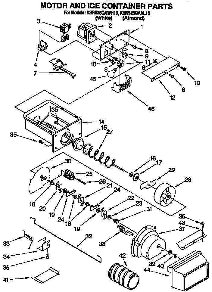 KitchenAid KSRS25QAWH10 motor and ice container diagram