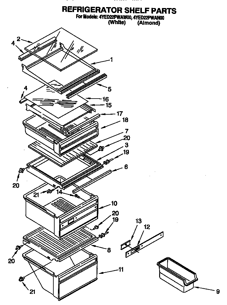 Whirlpool 4YED22PWAN00 refrigerator shelf diagram