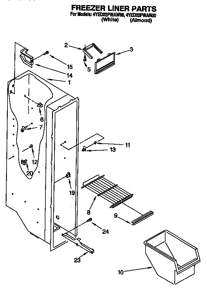 Whirlpool 4YED22PWAN00 freezer liner diagram