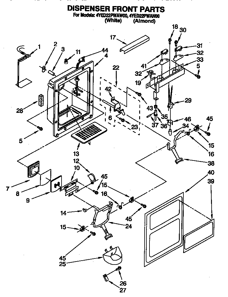 Whirlpool 4YED22PWAN00 dispenser front diagram