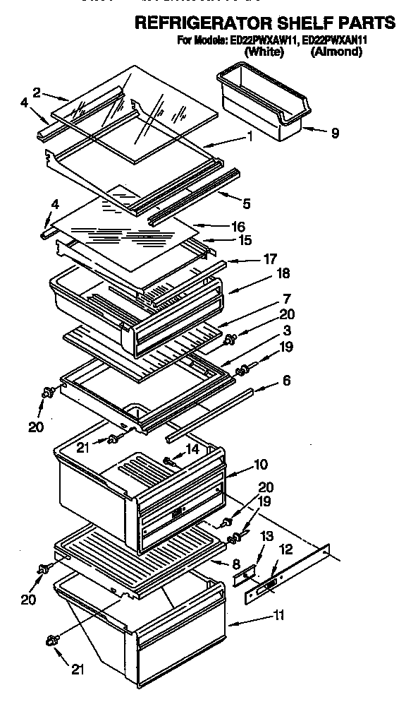 Whirlpool ED22PWXAN11 refrigerator shelf diagram