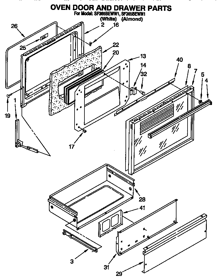 Whirlpool SF365BEWN1 oven door and drawer diagram