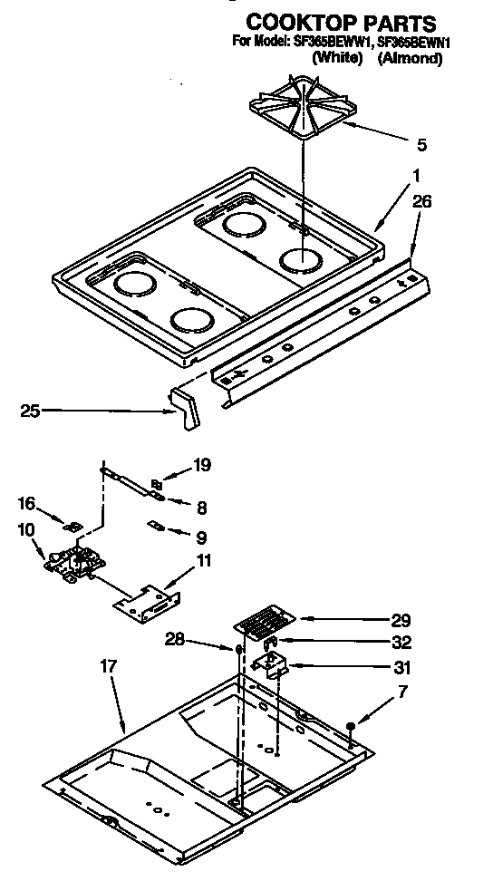 Whirlpool SF365BEWN1 cooktop diagram
