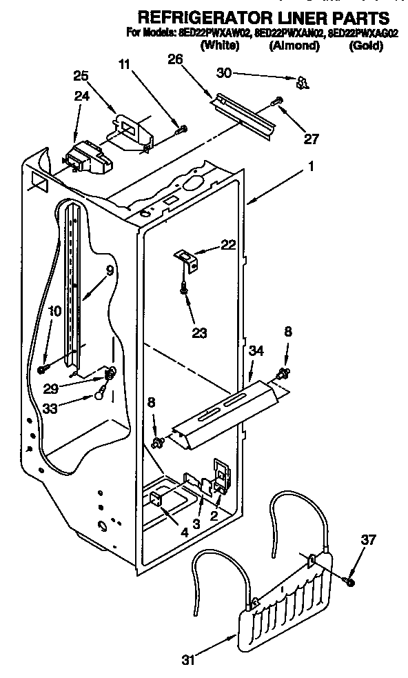 Whirlpool 8ED22PWXAW02 refrigerator liner diagram