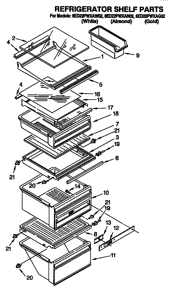 Whirlpool 8ED22PWXAW02 refrigerator shelf diagram
