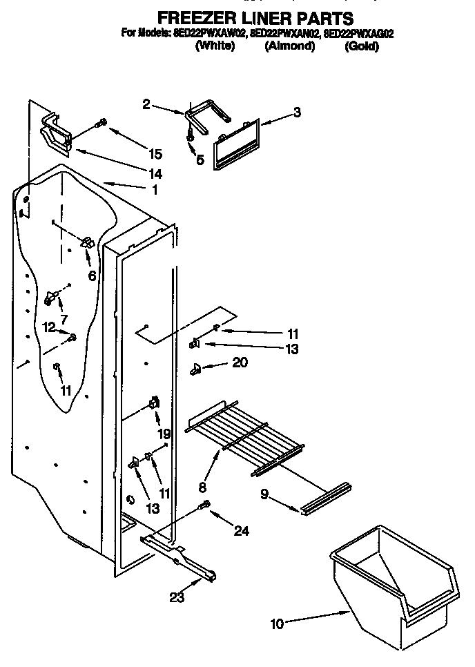 Whirlpool 8ED22PWXAW02 freezer liner diagram