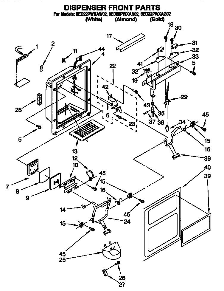 Whirlpool 8ED22PWXAW02 dispenser front diagram