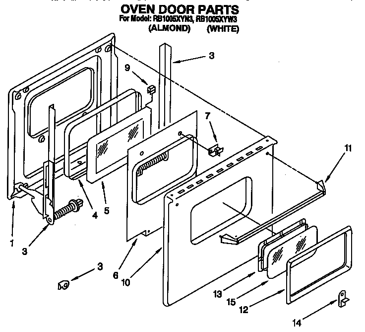 Whirlpool RB1005XYW3 oven door diagram