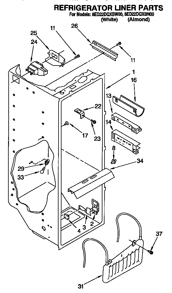 Whirlpool 8ED22DQXBW00 refrigerator liner diagram
