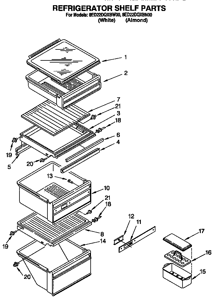 Whirlpool 8ED22DQXBW00 refrigerator shelf diagram