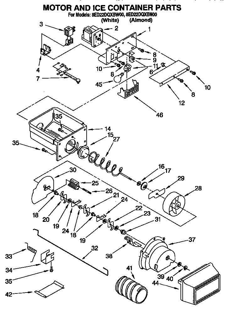Whirlpool 8ED22DQXBW00 motor and ice container diagram