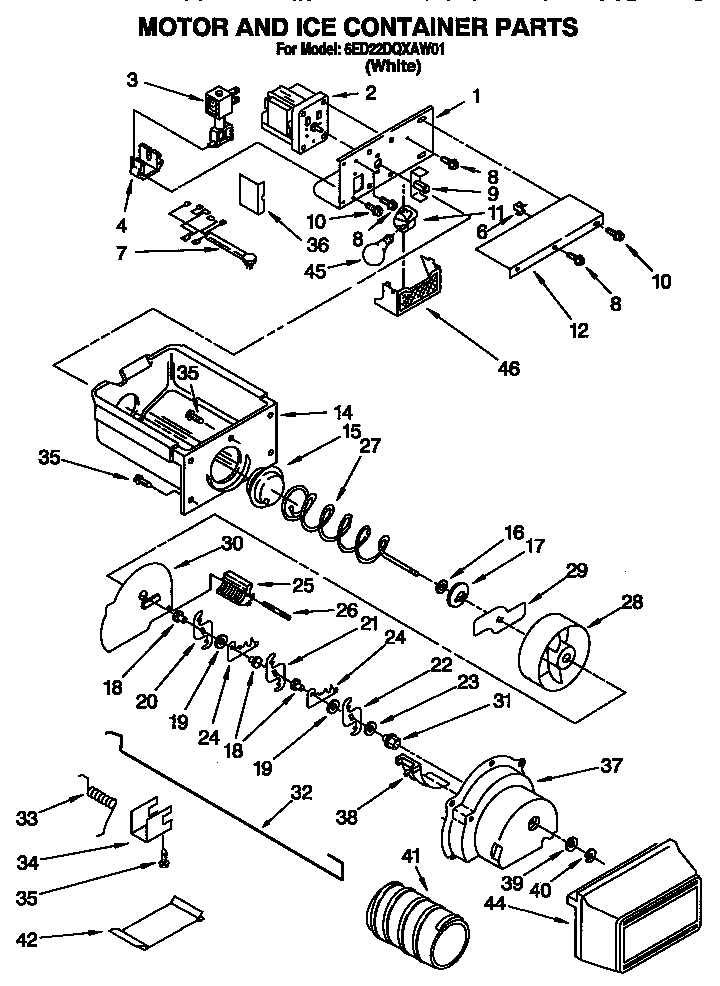 Whirlpool 6ED22DQXAW01 motor and ice container diagram