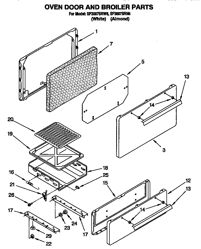 Whirlpool SF3007SRN6 oven door and broiler diagram