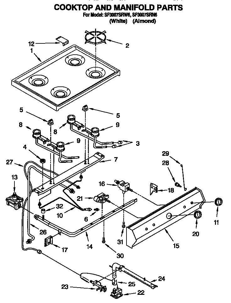 Whirlpool SF3007SRN6 cooktop and manifold diagram