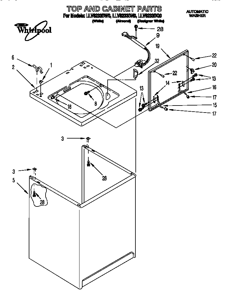 Whirlpool LLV8233BN0 top and cabinet diagram