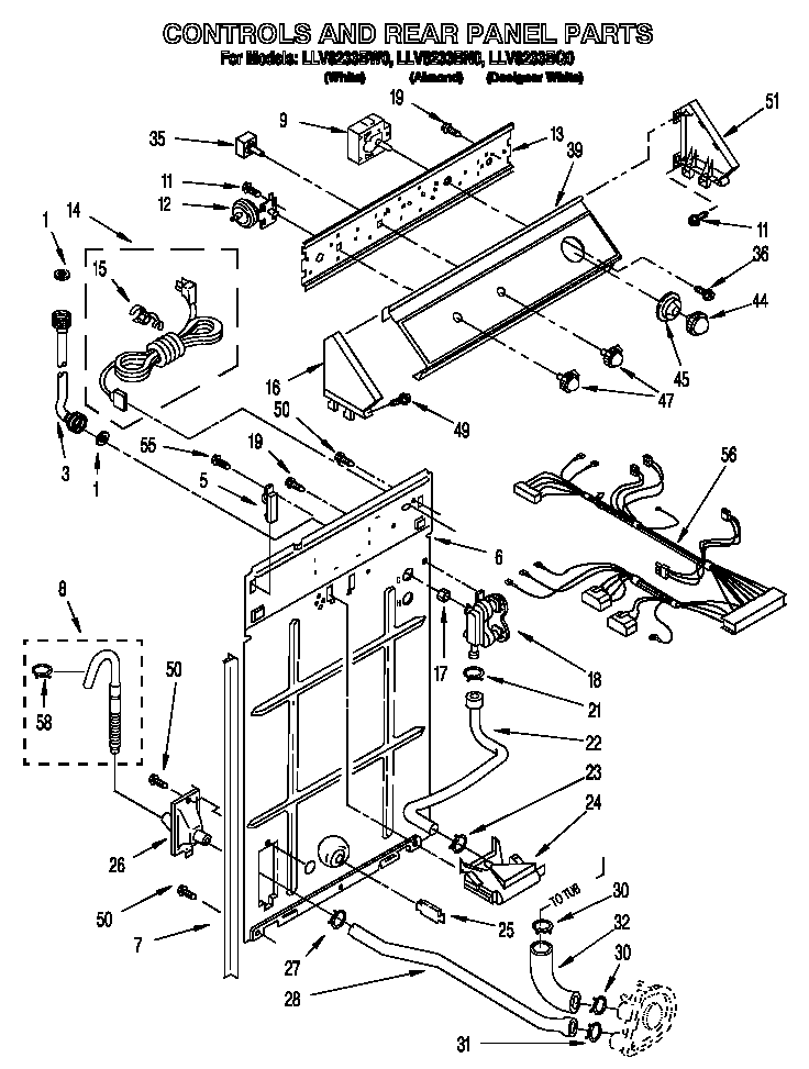 Whirlpool LLV8233BN0 controls and rear panel diagram