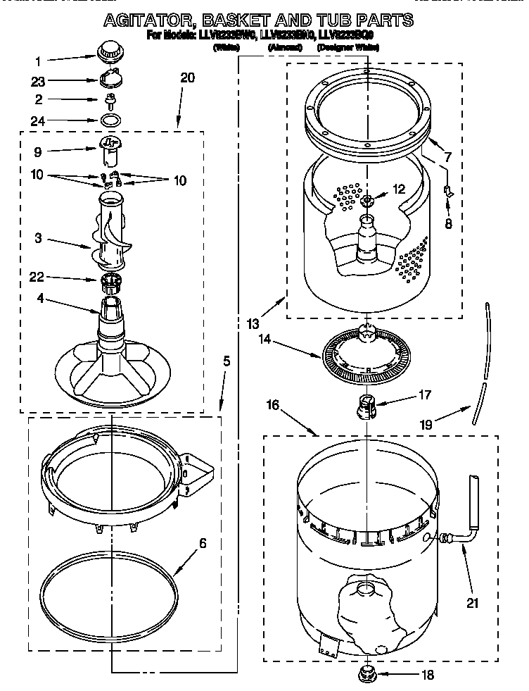 Whirlpool LLV8233BN0 agitator, basket and tub diagram