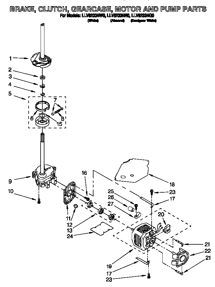 Whirlpool LLV8233BN0 brake, clutch, gearcase, motor and pump diagram