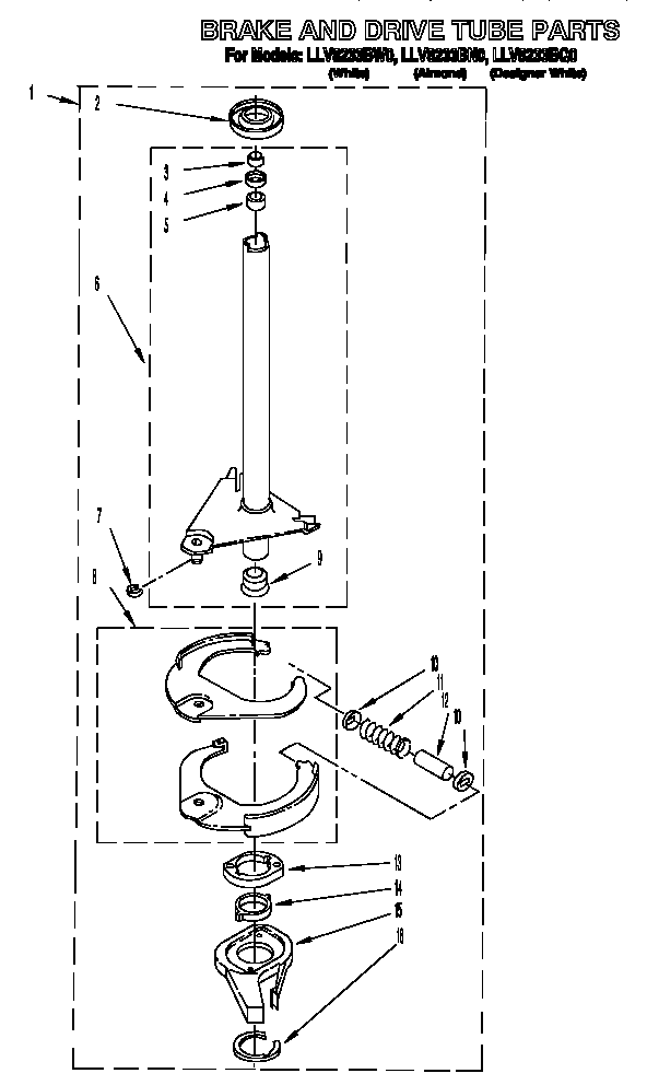 Whirlpool LLV8233BN0 brake and drive tube diagram