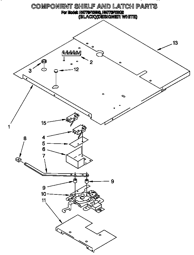 Whirlpool RB770PXBB0 component shelf and latch diagram