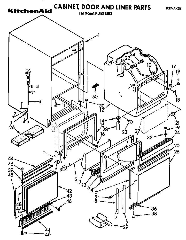 KitchenAid KUIS185S2 cabinet, door and liner diagram
