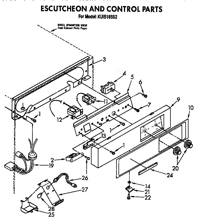 KitchenAid KUIS185S2 escutcheon and control diagram