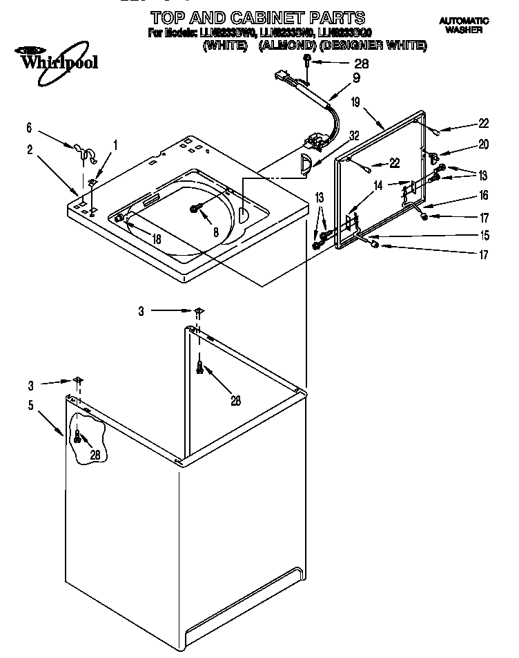 Whirlpool LLN8233BQ0 top and cabinet diagram