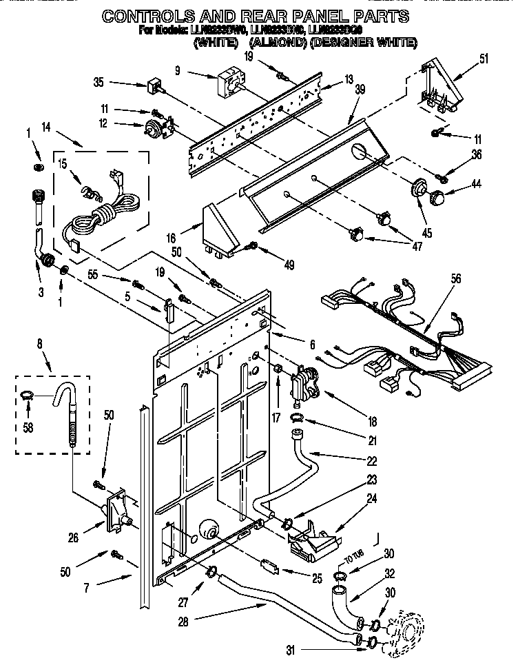 Whirlpool LLN8233BQ0 controls and rear panel diagram