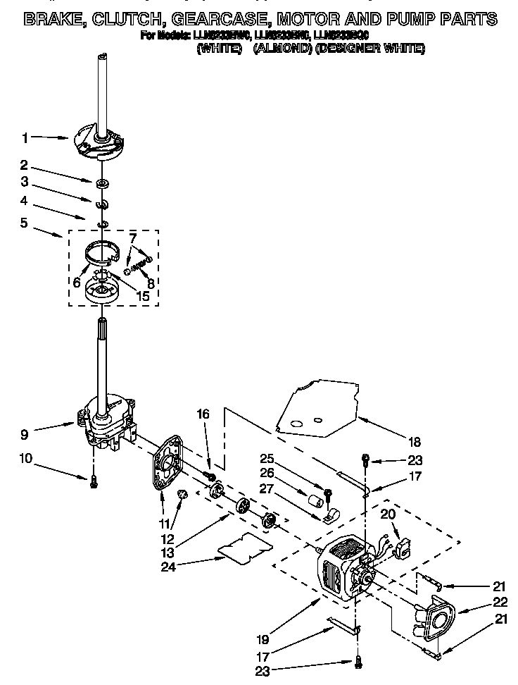 Whirlpool LLN8233BQ0 brake, clutch, gearcase, motor and pump diagram