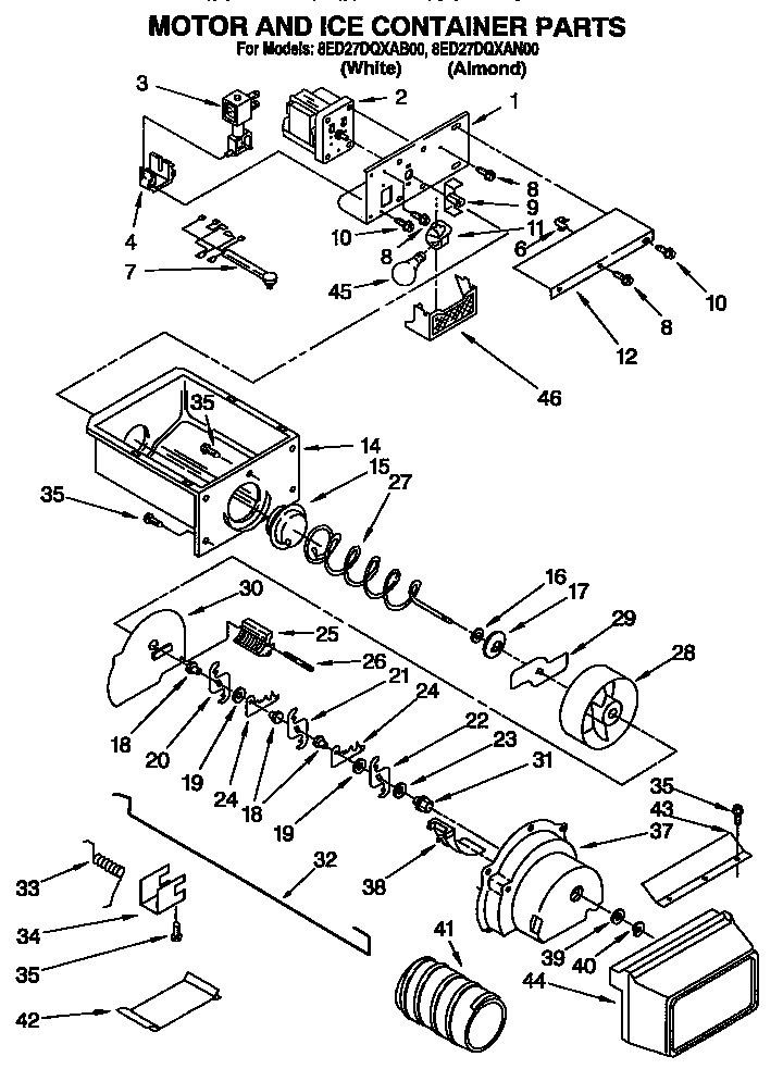 Whirlpool 8ED27DQXAN00 motor and ice container diagram