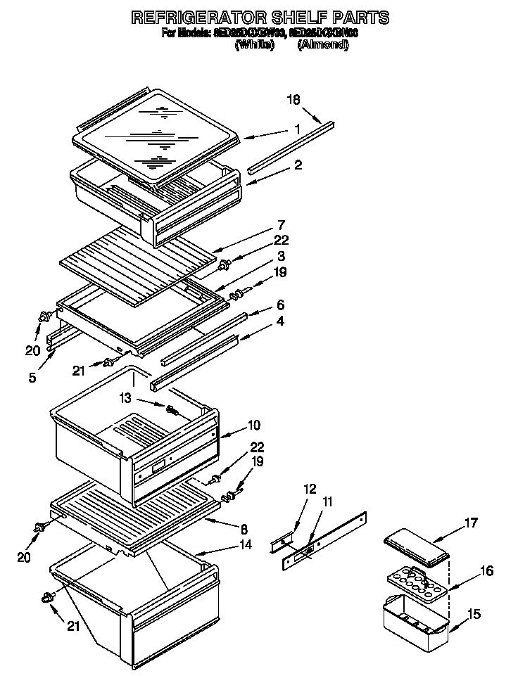 Whirlpool 8ED25DQXBN00 refrigerator shelf diagram