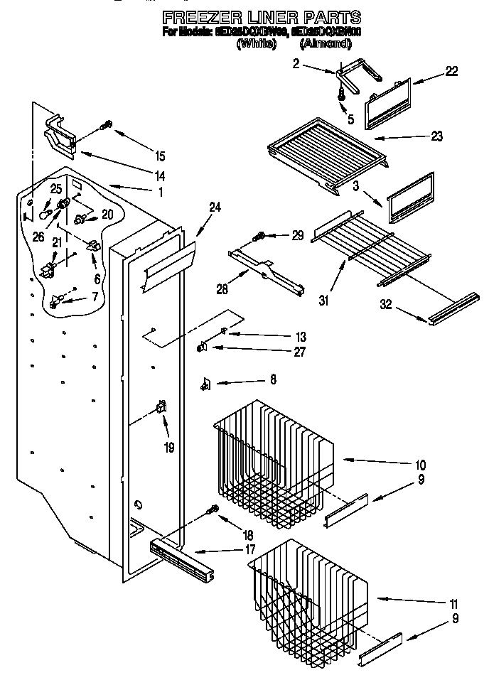 Whirlpool 8ED25DQXBN00 freezer liner diagram