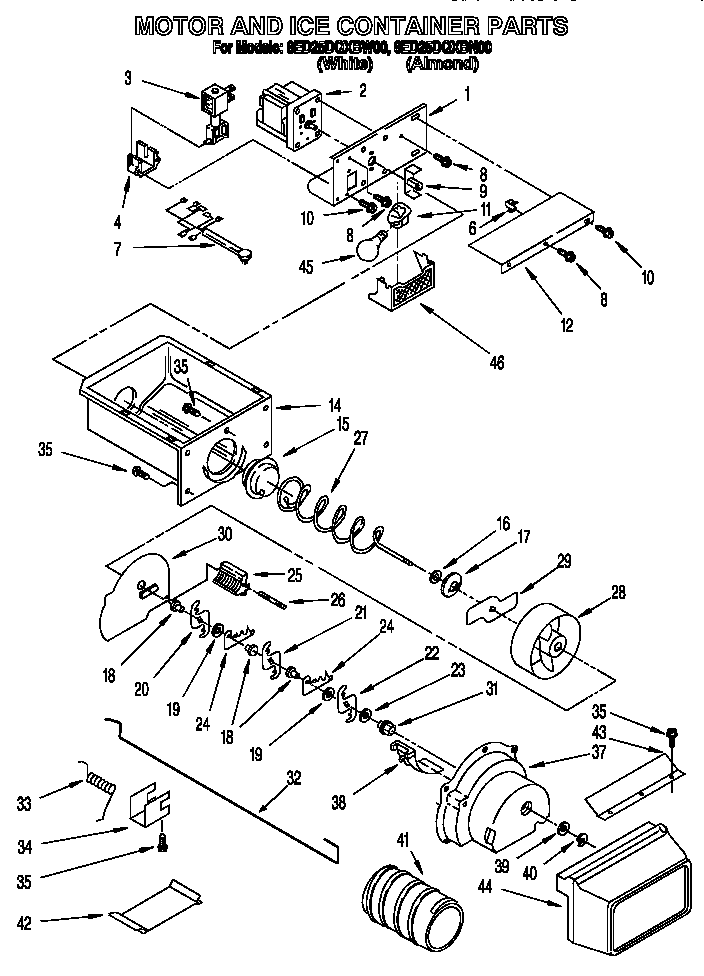 Whirlpool 8ED25DQXBN00 motor and ice container diagram
