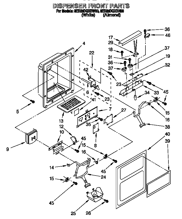 Whirlpool 8ED25DQXBN00 dispenser front diagram