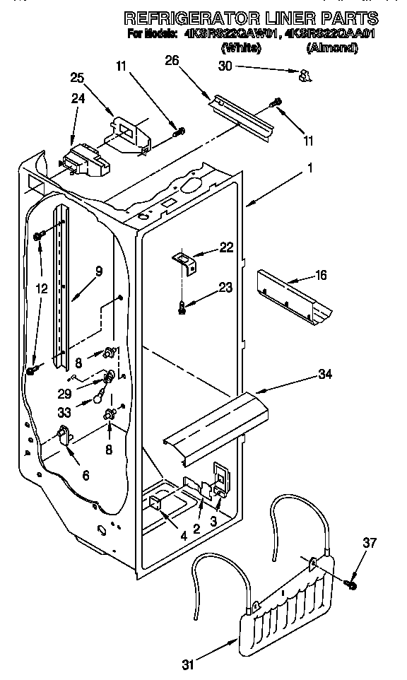 KitchenAid 4KSRS22QAW01 refrigerator liner diagram