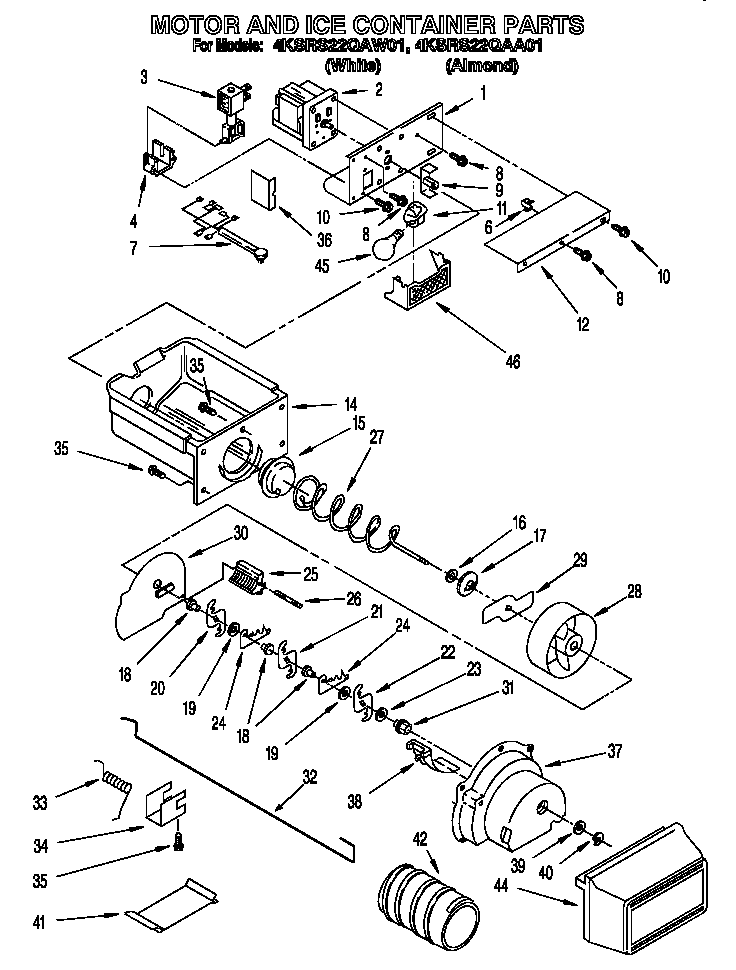 KitchenAid 4KSRS22QAW01 motor and ice container diagram