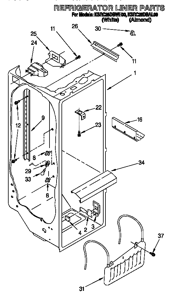 KitchenAid KSRC25DBAL00 refrigerator liner diagram