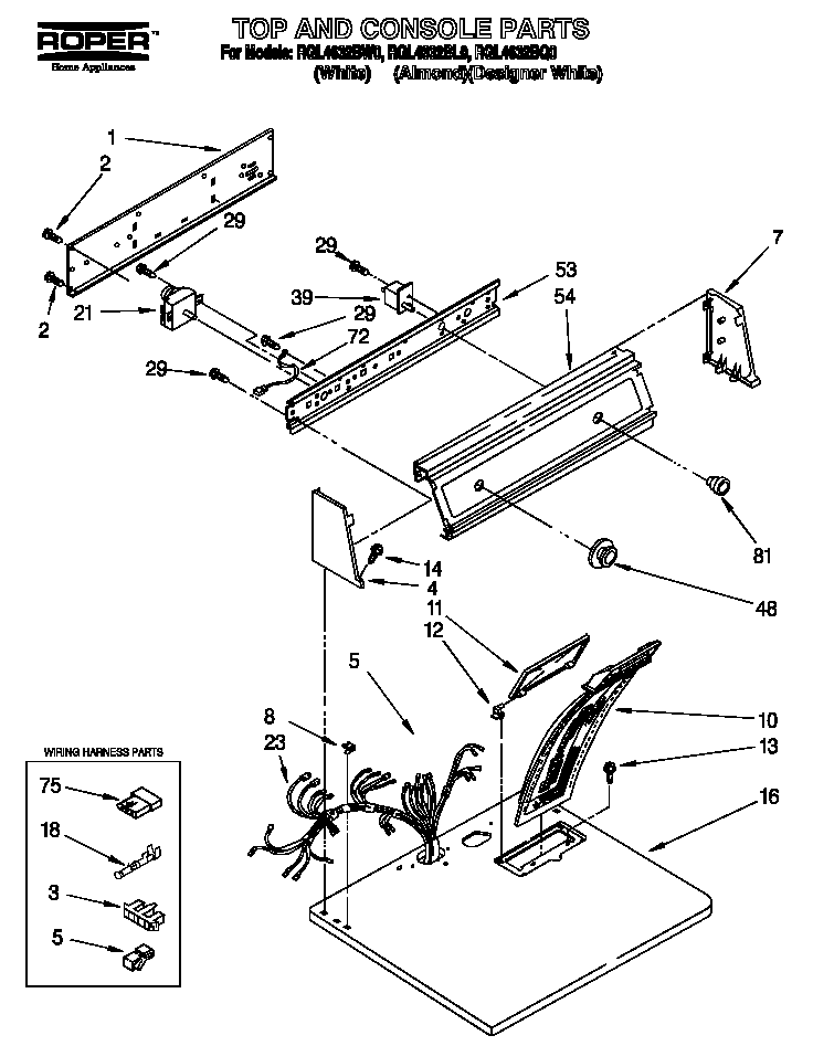 Roper RGL4632BQ0 top and console diagram