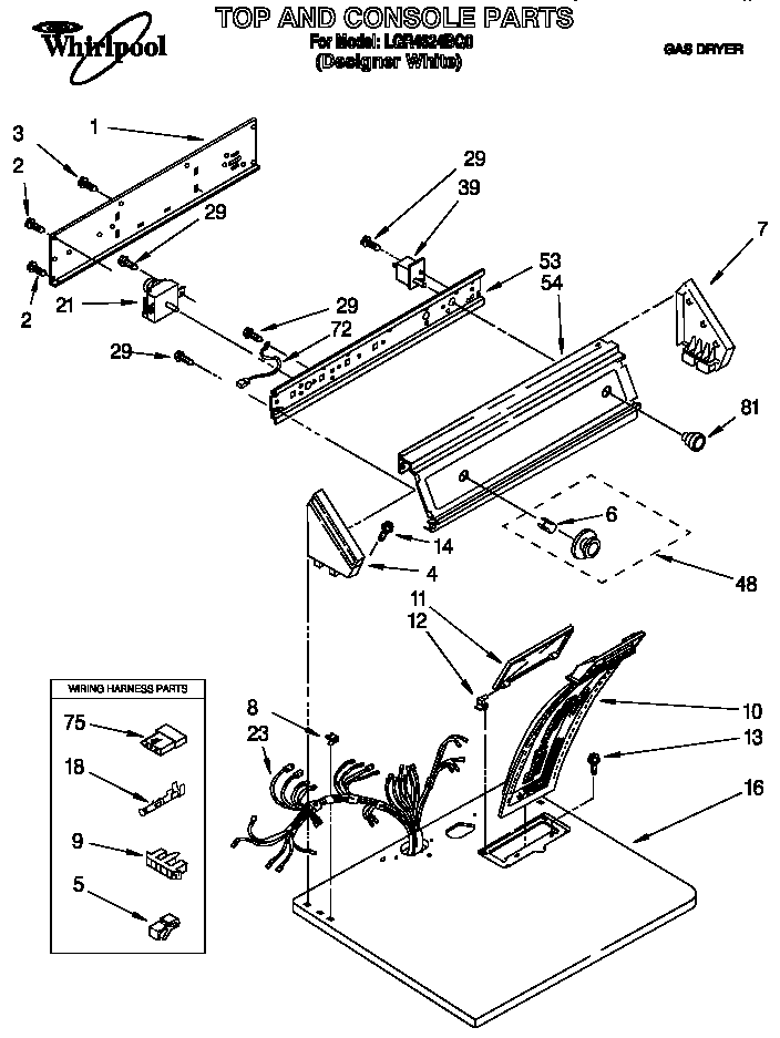 Whirlpool LGR4624BQ0 top and console diagram