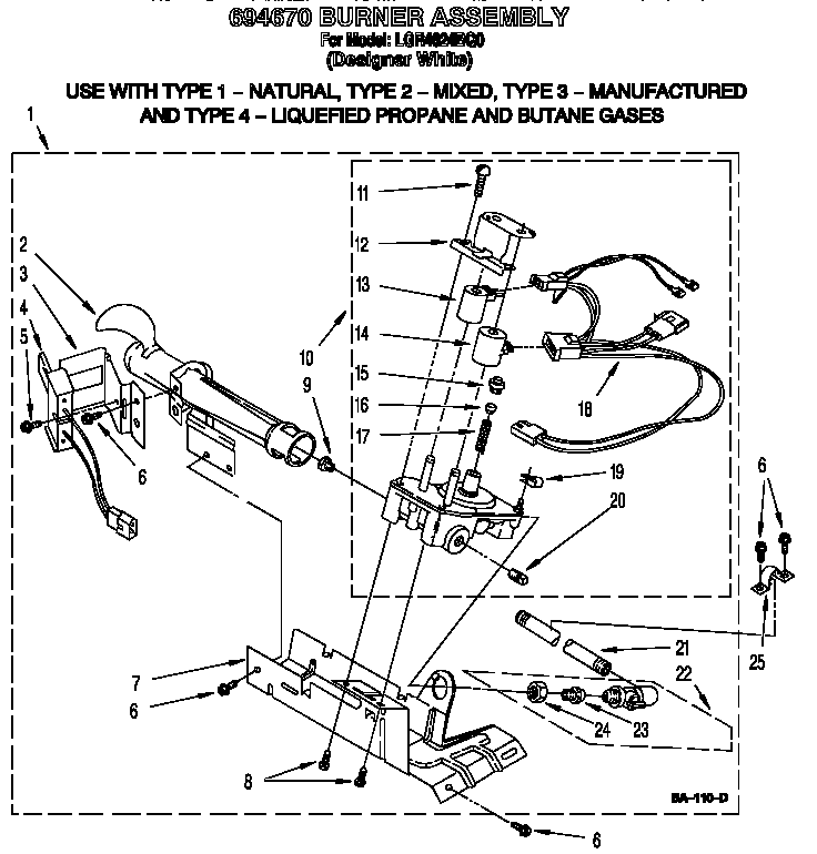 Whirlpool LGR4624BQ0 694670 burner assembly diagram