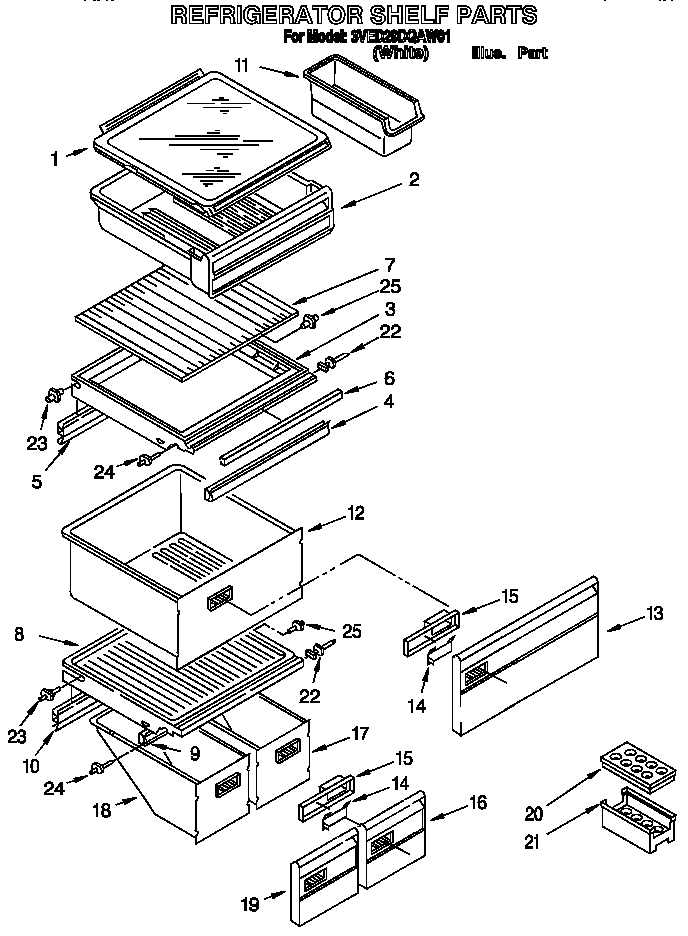 Whirlpool 3VED29DQAW01 refrigerator shelf diagram