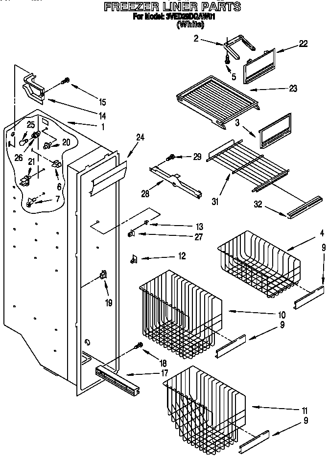 Whirlpool 3VED29DQAW01 freezer liner diagram