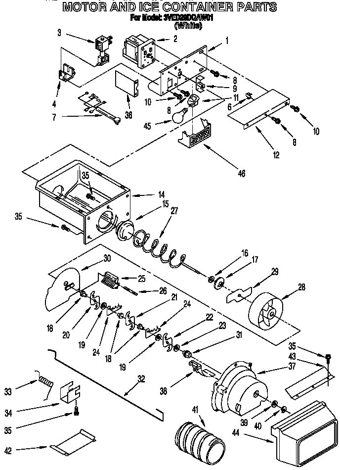 Whirlpool 3VED29DQAW01 motor and ice container diagram