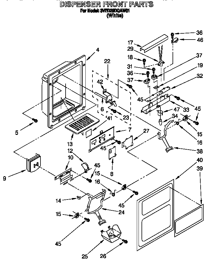 Whirlpool 3VED29DQAW01 dispenser front diagram
