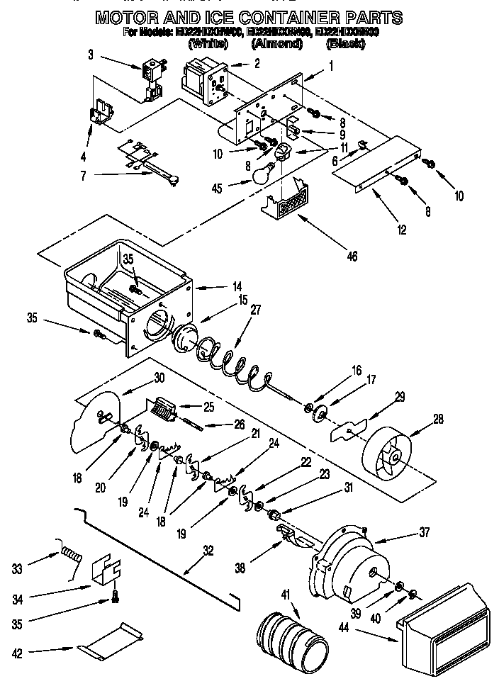 Whirlpool ED22HDXBB00 motor and ice container diagram