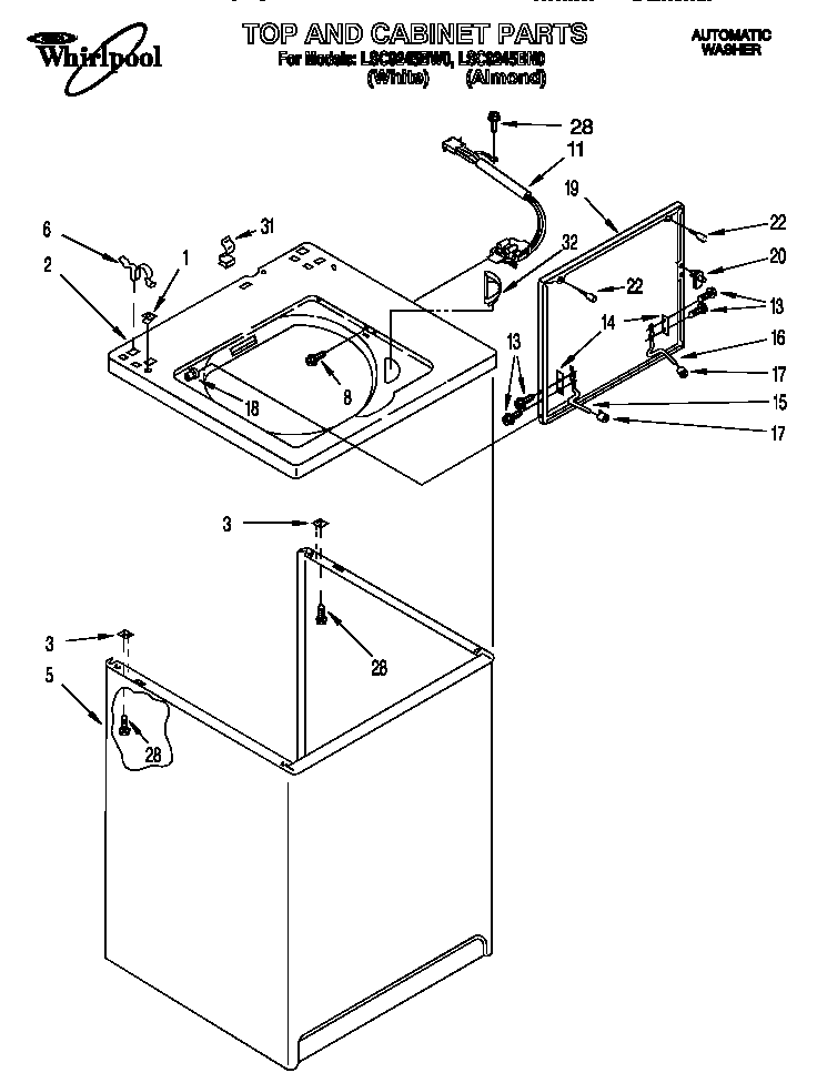 Whirlpool LSC9245BW0 top and cabinet diagram
