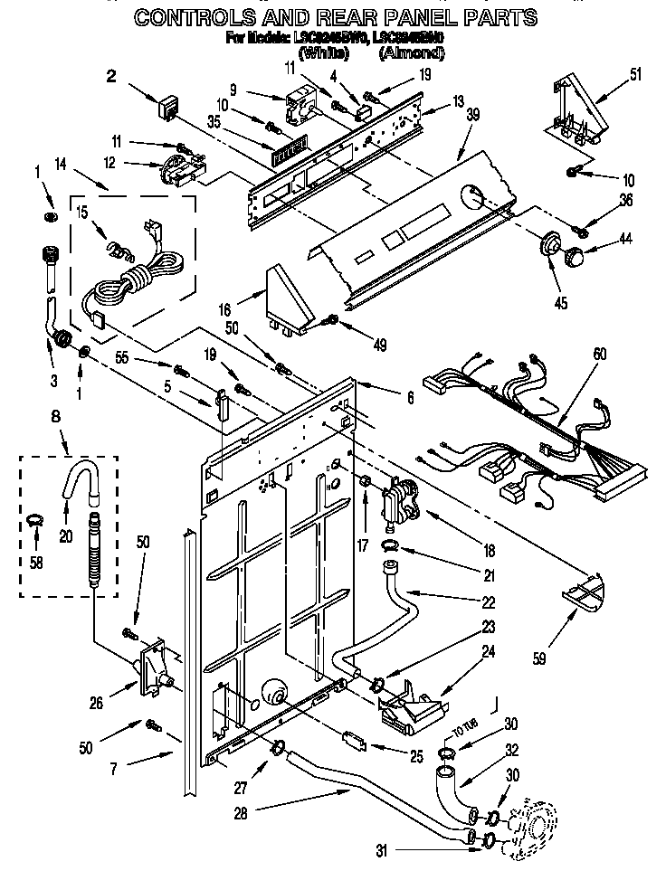 Whirlpool LSC9245BW0 controls and rear panel diagram